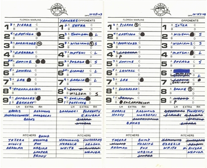 Lot of (4) 2003 World Series Dugout Line Up Cards & Batting Order Cards For 2 Games (Letter of Provenance)